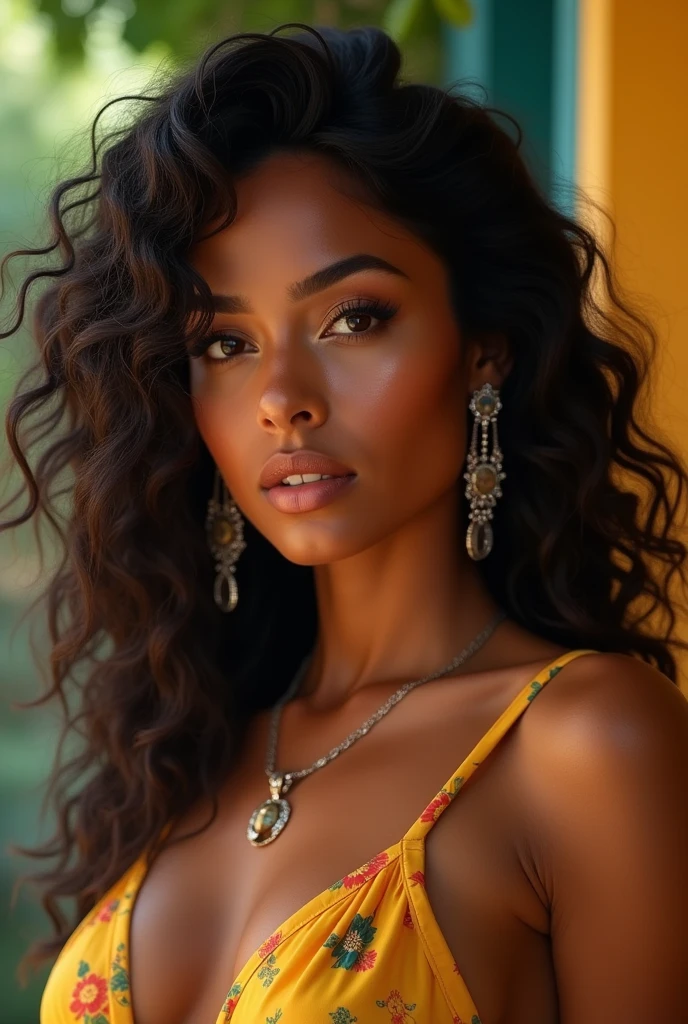 (selfie, vista superior: 1,4), (metade reta do corpo: 1,4), foto de retrato RAW UHD, a beautiful woman, beautiful Latin face, Brazilian supermodel, stunning, stunning beauty, Angolan descent, most beautiful woman in the world, jaw-dropping beauty, young adult 30 years old, She has an exotic beauty, native Brazilian, tall woman, a stunning black African woman, with indigenous features, beautiful indigenous girl, ((An indigenous African girl with European ebony)), ((her beauty is undeniable)), beautiful young ebony girl with dark skin, tanned Mexican. *hair: Curly black hair with brown highlights, Voluminous black hair with brown highlights, vibrant and dynamic cut with soft waves. *eyes: green and expressive eyes, beautiful green eyes, realistic green eyes, detailed green eyes, ultra realistic, symmetrical, hyper realistic, (eyeliner, long eyelashes), intense and penetrating look, seductive, mysterious and charming look, look at it magnetism, attraction and fascination. * Eyebrows: Perfect eyebrows that arch gracefully above the eyes and are thick. * the nose is small and proportional to the face and the soft contour of the face that accentuates the high cheekbones. *Mouth: Attractive and irresistible mouth, well-defined lips, full lips, voluminous lips, seductive lips, captivating, striking, unforgettable, mischievous, sexy, your features are captivating, seductive expression, a seductive smile is enigmatic *Face shape: O the face is oval, with high cheekbones and a well-defined chin, a beautiful and detailed face. *Makeup: Makeup is subtle, but highlights natural features. Skin Tone: Olive skin, with healthy and even glow, with olive skin, dark skin, sexy girl with dark skin, detailed skin texture, beautiful and glowing skin, intricate details, smooth skin, healthy and radiant appearance. *body: attractive and slim woman, medium bust, athletic, thin waist, wide hips, big butt, thick thighs, shapely legs. sexy pose, full body photo, ((seductive)), Sexy, (black leath
