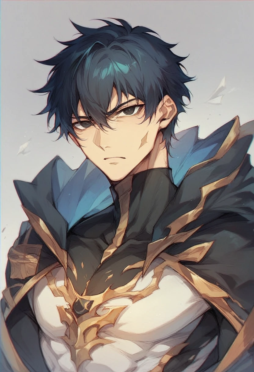 ((muste piece)), ((best quality)), ((brown skin)), ((dark blue eyes)), ((Dark blue hair))、handsome man , ((very very short hair)), masculine、tall、sexy、Adult man、Three white eyes、handsome man、firmly、muscular、broad shoulders、smile、wild、とてもwild、(((warrior)))、Daiki Aomine、Upper body