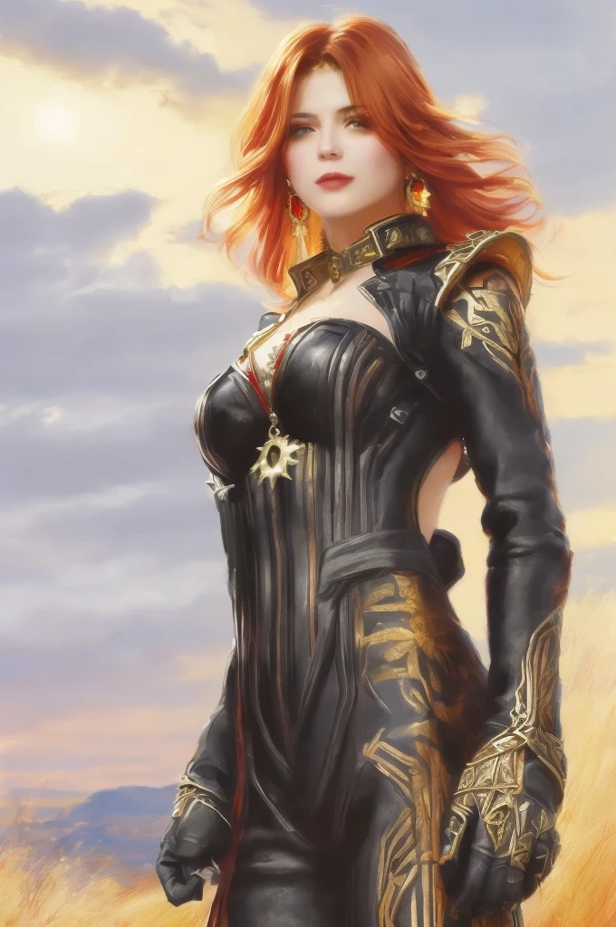 In realistic oil painting portrait of high quality and detail, Mavuika (Genshin Impact), red hair, yellow eyes, Classicism, Waist, modern style, full-length, dark and mysterious atmosphere, glow, eye shadow, 1girl, thriller fantasy, Depth & Perspective, smiling face, She is wearing a black leather jacket and leather trousers. She stands in front of the ancient ruins, desert on background.  Mystical powers, fine face, outdoors, blue sky, white cloud, looking at viewer, (ultra-high detail:1.2), Masterpiece, Best Quality, Ultra-detailed, Cinematic lighting, 8K, delicate features, cinematic, 35 mm lens, f/1.9, highlight lighting, global lighting –uplight –v 4, Highest Quality, (extremly intricate:1.3), (Realistic), masterful, Analog style, (Film grain:1.5), (warm hue, cold tone)