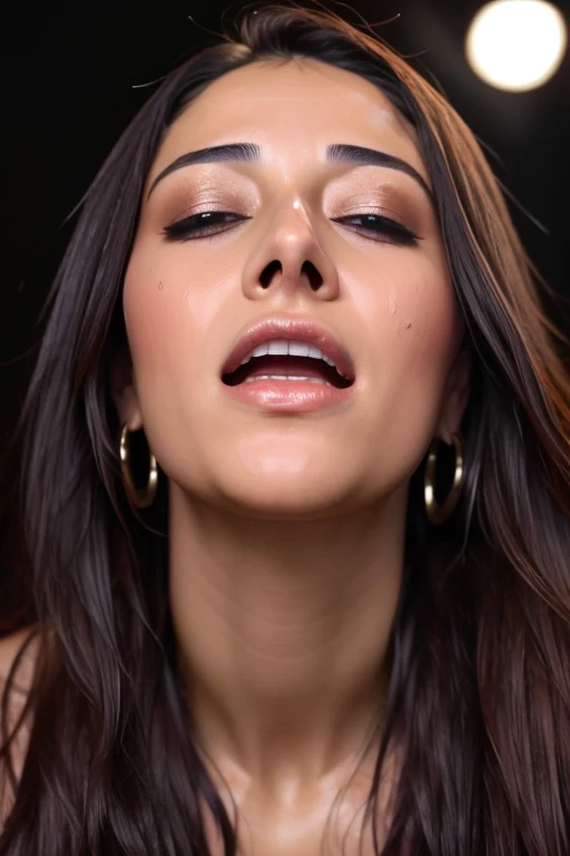 muste piece,Award-winning photo, Extremely detailed, edge orgasm, woman with open mouth and closed eyes , skin shining with sweat、Illumination that emphasizes shiny sweat{{{Spread }}}, black hair、NSFW,{{{{Crowd of male onlookers}}}},(elongated nostrils)、