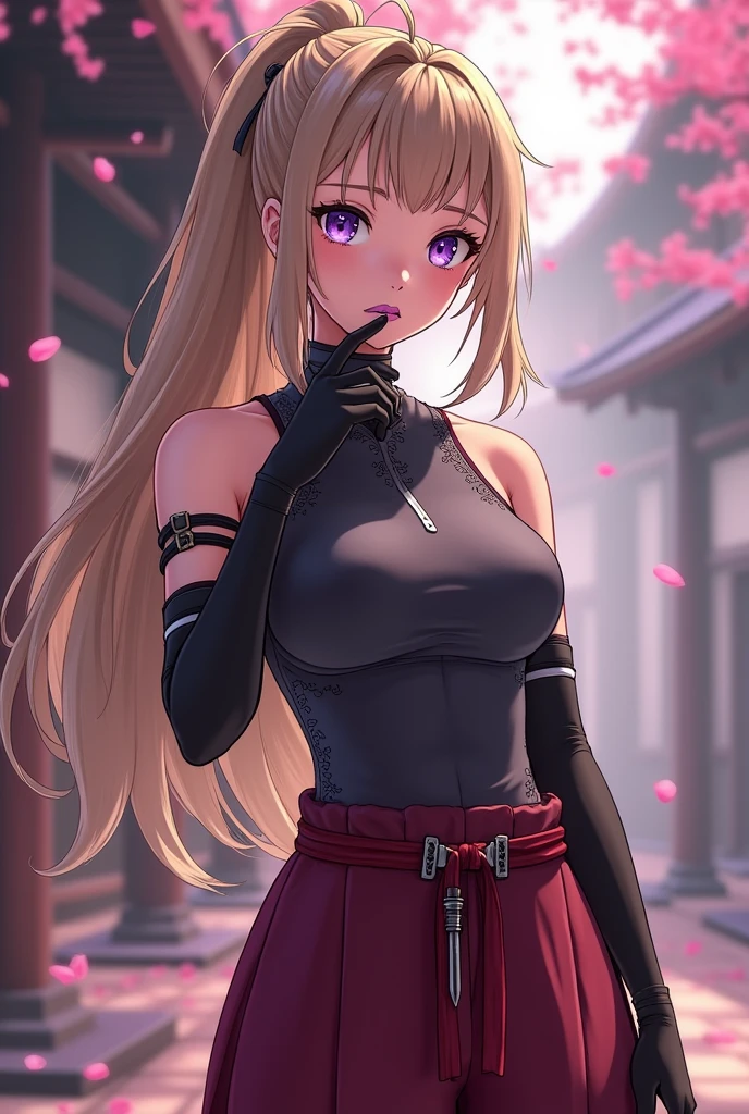 (((Adult woman))), pink eyes, (long blonde hair), black leather clothes, smirk