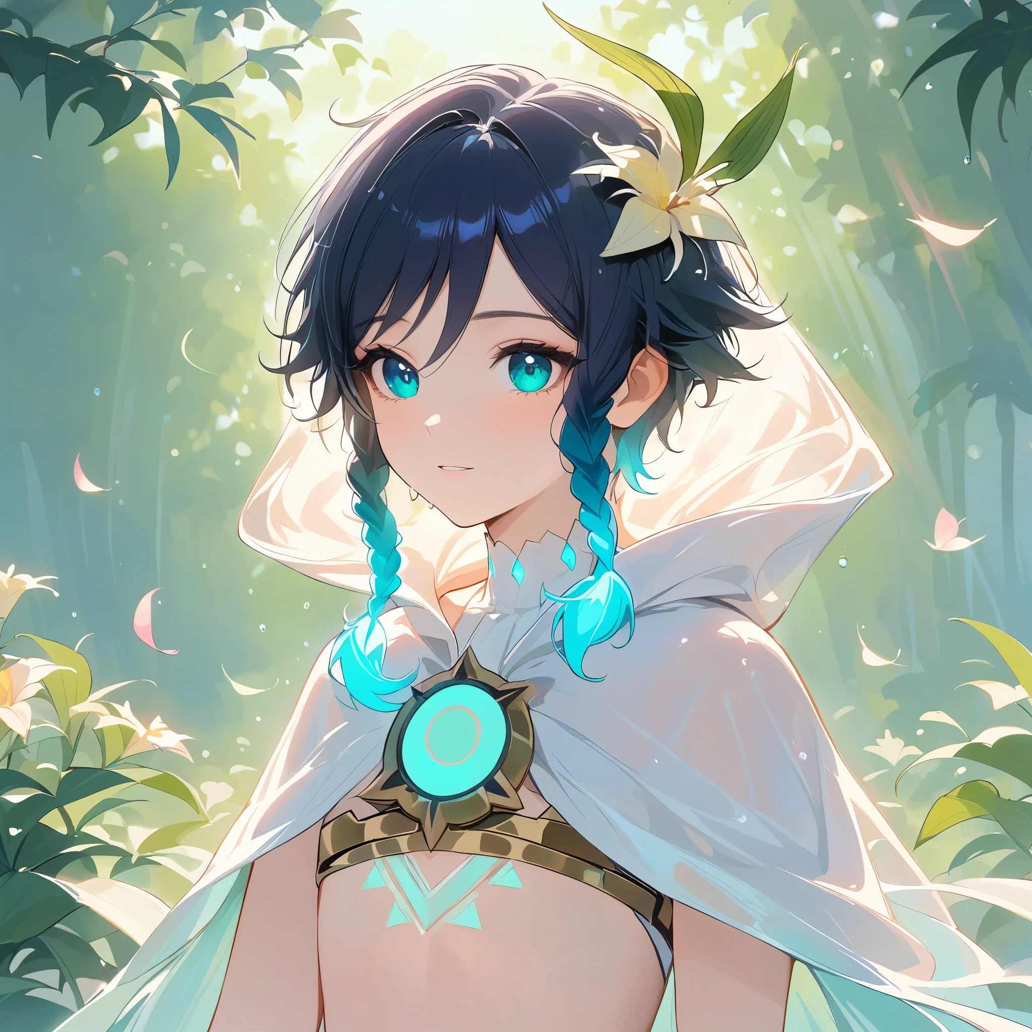 (best quality,4k,8k,highres,masterpiece:1.2),1boy,venti,genshin impact,black hair,ultra-detailed,(realistic:0.25),wearing simple white twist greek gown,morning of spring,sunlight reflection,intricate details,delicate,pastel color palette,elegant curves,effects of light and shadow,subtle reflections,face focus,sharp focus,flower petals falling,ethereal atmosphere,elysium,morning dew,soft sunlight filtering through trees,lush plant life,vividly colored blossoms,harmonious blend of nature and art,transcendent beauty,awe-inspiring artwork,flat chest,navy gradient hair in twin braids