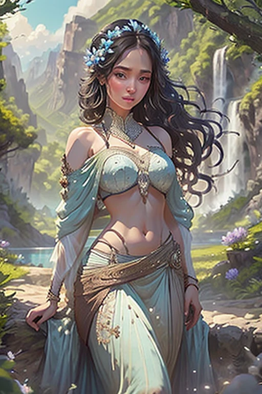 Digital painting, A woman in a translucent blue sari, a translucent blue bra, a large flower on her hair. Beautiful hands. Detailed fingers. Mountains, lake, green trees, clouds. Medium breasts, small waist, dark black hair, narrow hips. Beautiful face, perfect lighting, beautiful detailed brown eyes, looking at the viewer, stunningly beautiful woman, complicated hairstyle. Detailed fantasy-style background, waterfalls, mountain peaks in the distance, painting style, brush stroke