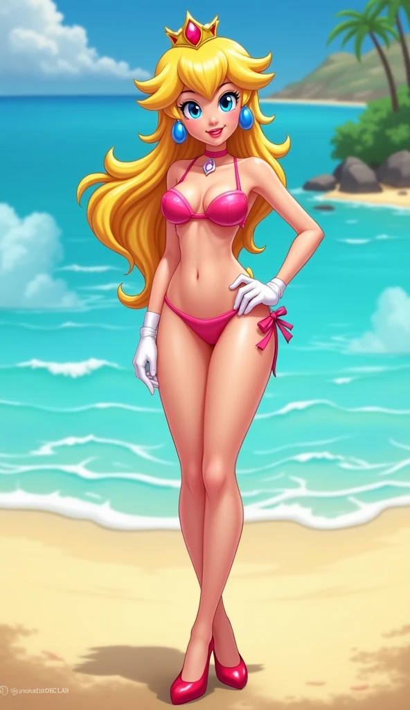 1girl, red bikini, blonde wavy hair, (ultra-detailed), (masterpiece), (best_quality), (depth_of_field), (sharp_focus), (cinematic_lighting), (vibrant_colors), beach scene, big breasts, wide hips, <lora:Gh0stlessm:0.9>