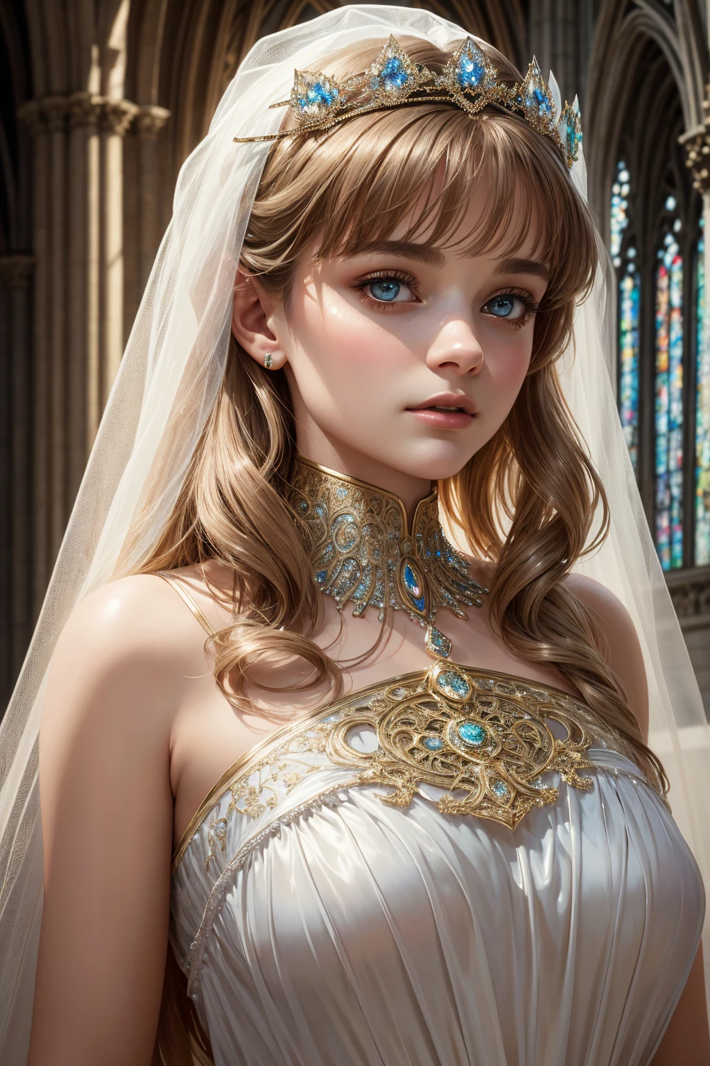 (((diamond bride)))，Delicate face, looking at camera, smile!!!，The face of Eros，Blonde hair, handsome, in church，sparkling diamonds，Big breasts，glowing bride，(crystal wedding dress) ,Taller，Irrigating color，The Arthur effect, Transparent body, Translucent molten glass gradient, caustic, transparent glass texture, irritating color, designed by dietrams, simple, glows in high detail, white back, industrial design, studio lit, C4D, OC renderer, clean shadows --auto --s2