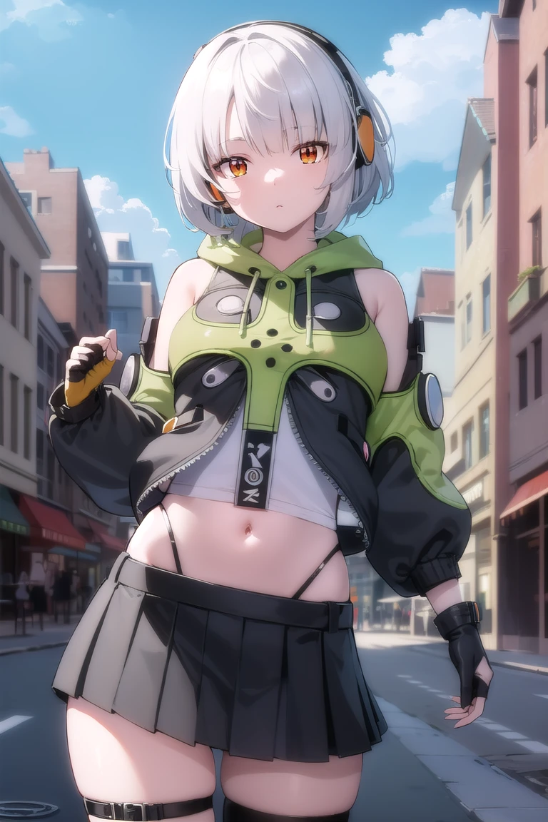 anbydemara, anby demara, (orange eyes:1.5), short hair, white hair,
BREAK bare shoulders, black gloves, black skirt, black thighhighs, fingerless gloves, gloves, green jacket, headphones, jacket, navel, skirt, stomach, thighhighs,
BREAK outdoors, city, sky, clouds, sun, buildings, crowd, people, alley,
BREAK looking at viewer, (cowboy shot:1.5),
BREAK (masterpiece:1.2), best quality, high resolution, unity 8k wallpaper, (illustration:0.8), (beautiful detailed eyes:1.6), extremely detailed face, perfect lighting, extremely detailed CG, (perfect hands, perfect anatomy), navel, deep navel,