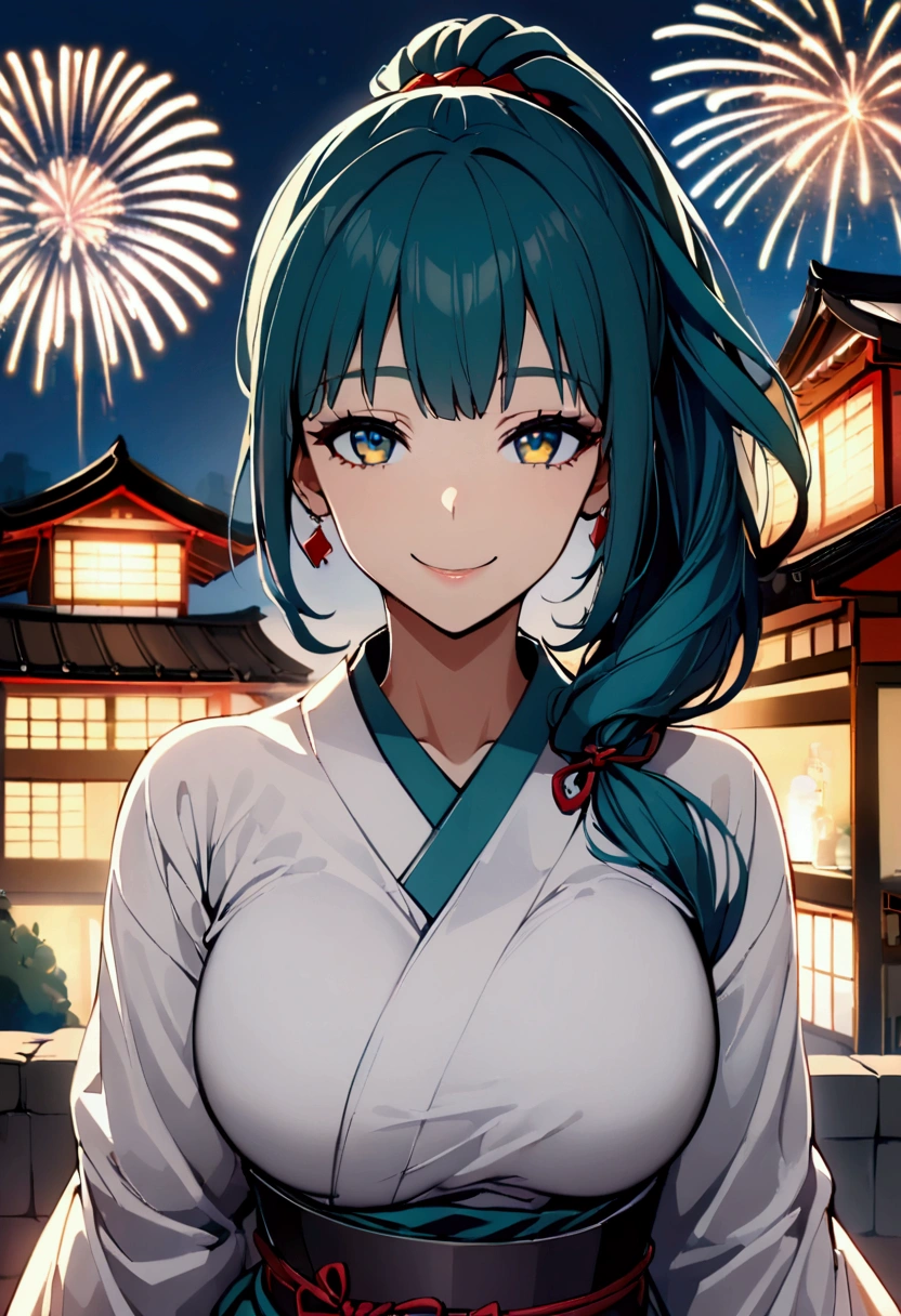 1 girl milf , solo , teal blue ponytail hair ,  yellow lihgt eyes , hot body , At a firework celebration in traditional Japanese dress on a building while fireworks are exploding in the sky, he looks at the viewer and smiles, his eyes are shining.