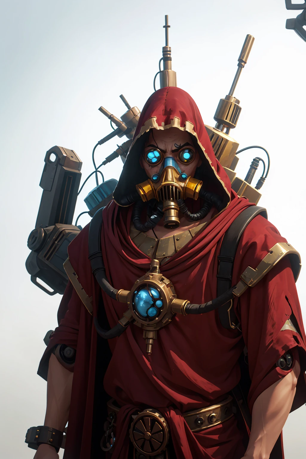 robotic male techpriest in long red robe, gas mask, hunched, ugly, metal arms, robot eye, hood, backpack, mechanical arms, steampunk, hood, robe, techpriest, (upper body portrait), plain white background