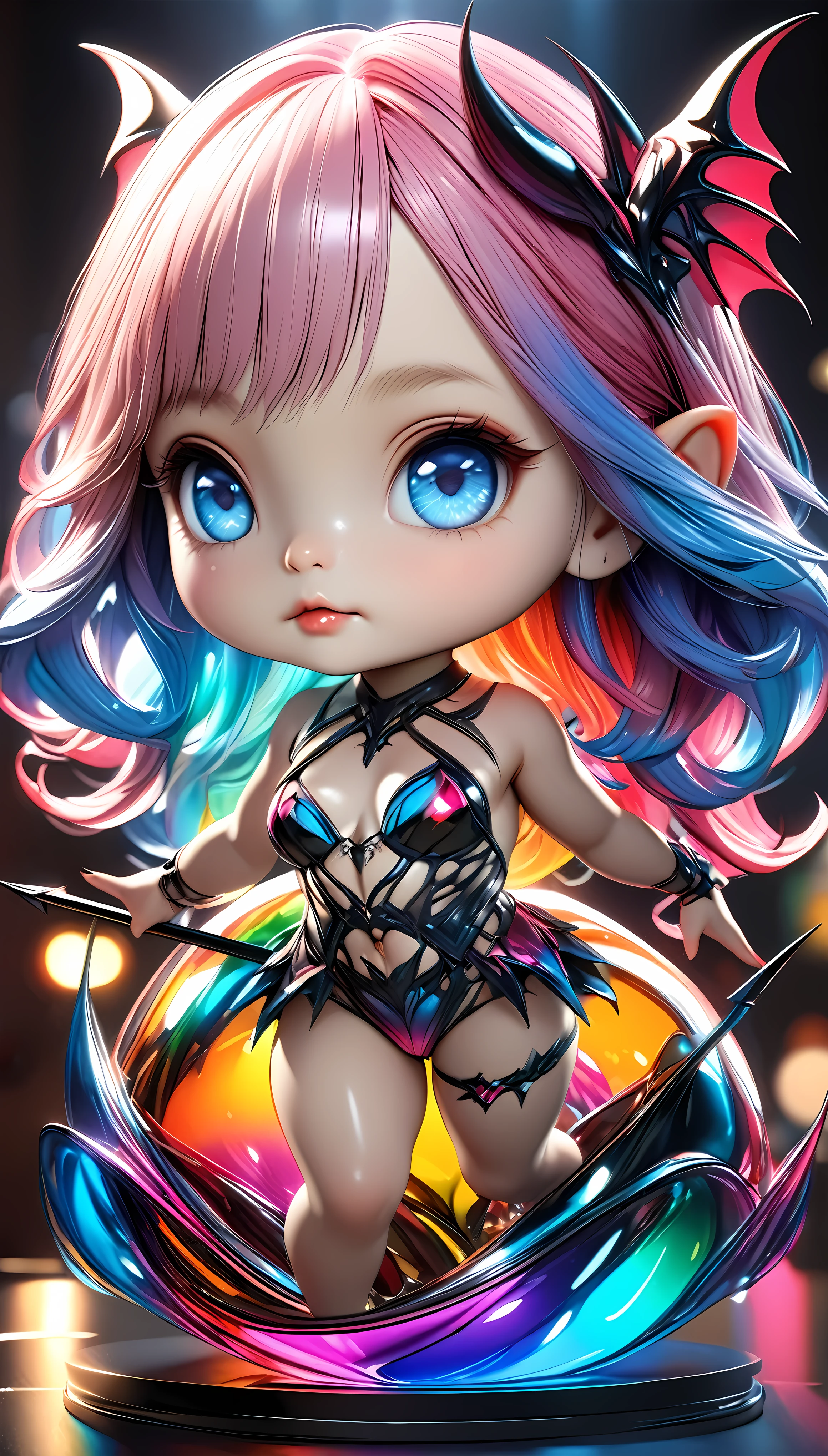 a highly detailed 4d clay model of a cute girl, solo, ARROW's Succubus, vibrant colorful gradients, anatomically correct, surreal and absurd aesthetics, cinema4d rendering, vivid colors, cute chibi style, polycarbonate, realistic 3d form, best quality, 4k, 8k, highres, masterpiece, ultra-detailed, realistic, photorealistic, photo-realistic, HDR, UHD, studio lighting, ultra-fine painting, sharp focus, physically-based rendering, extreme detail description, professional, vivid colors, bokeh, portraits, concept artists