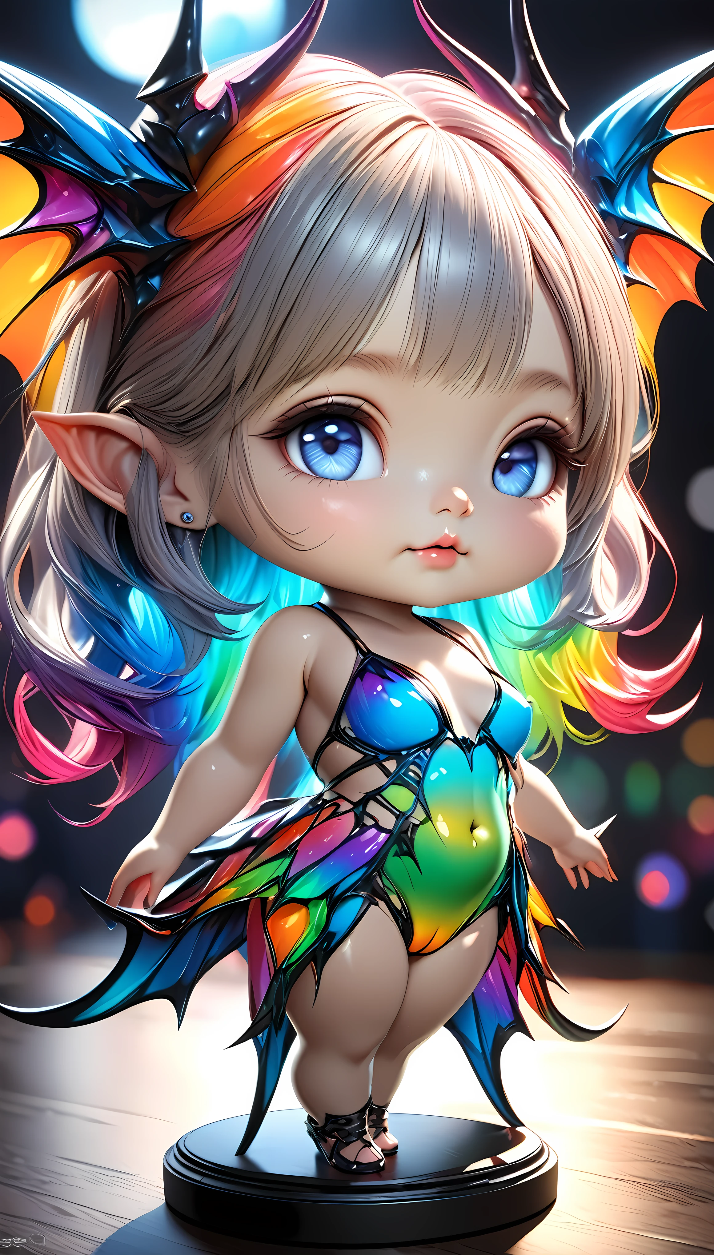 a highly detailed 4d clay model of a cute girl, solo, ARROW's Succubus, vibrant colorful gradients, anatomically correct, surreal and absurd aesthetics, cinema4d rendering, vivid colors, cute chibi style, polycarbonate, realistic 3d form, best quality, 4k, 8k, highres, masterpiece, ultra-detailed, realistic, photorealistic, photo-realistic, HDR, UHD, studio lighting, ultra-fine painting, sharp focus, physically-based rendering, extreme detail description, professional, vivid colors, bokeh, portraits, concept artists