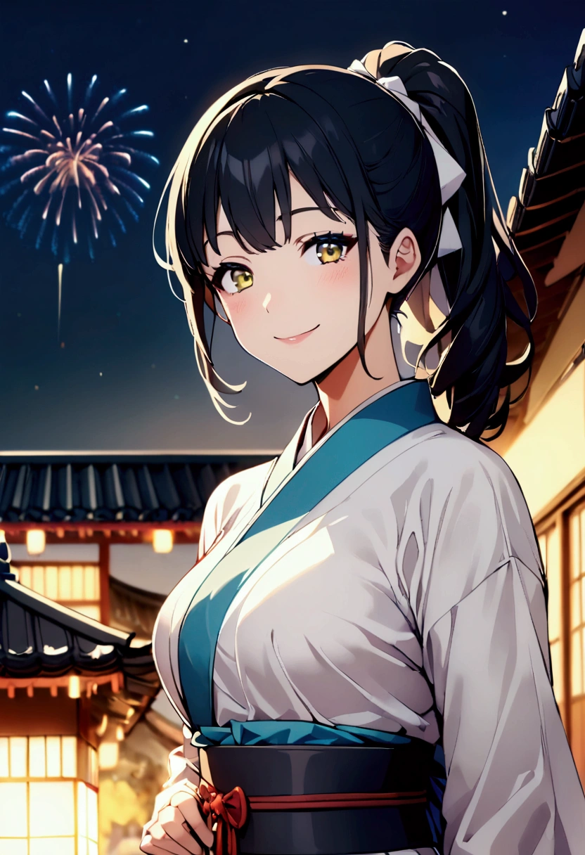 1 girl milf , solo , tealblue ponytail hair ,  yellow lihgt eyes , hot body , At a firework celebration in traditional Japanese dress on a building while fireworks are exploding in the sky, he looks at the viewer and smiles, his eyes are shining.