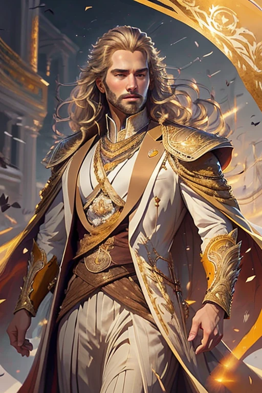 Digital painting, detailed face, Fantasy a regal male model radiating confidence and power. He stands atop a grand throne, with resplendent golden hair and wearing a royal dress, exuding the essence of leadership and charisma, painting style, brush strokes