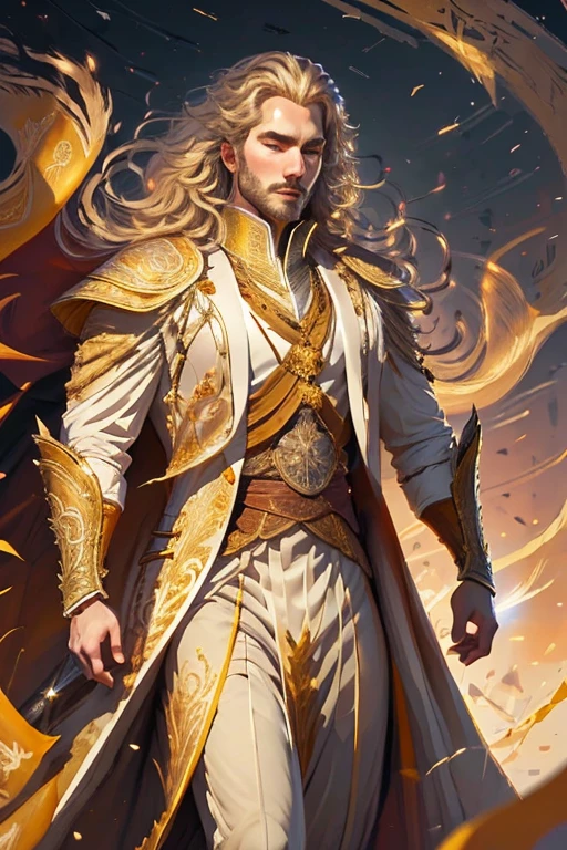 Digital painting, detailed face, Fantasy a regal male model radiating confidence and power. He stands atop a grand throne, with resplendent golden hair and wearing a royal dress, exuding the essence of leadership and charisma, painting style, brush strokes