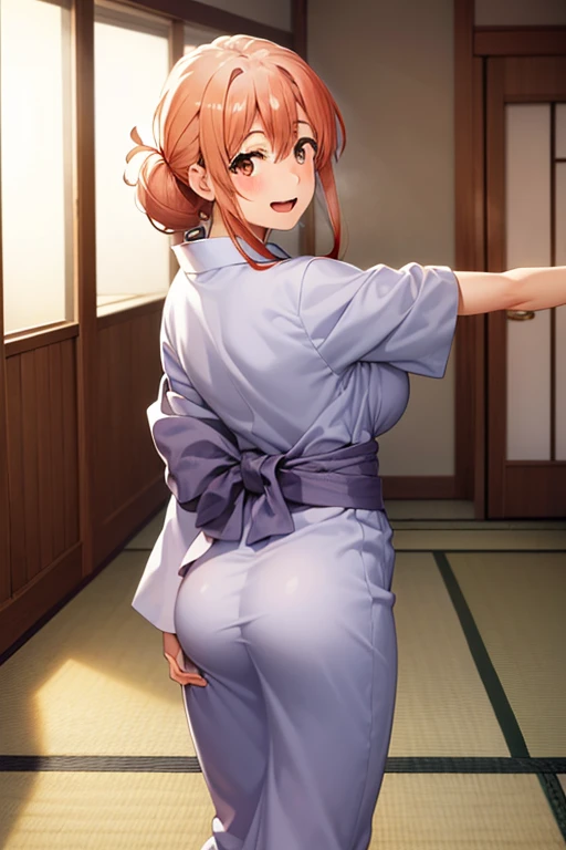 (hdr, highest resolution, best quality, beautiful, raw image, super detailed skin, perfect anatomy, nsfw, POV)), , ((1girl)), (orange hair), brown eyes , (blushing:1.4), (((smile))) , ((open mouth)), (slender), (huge breasts), thighs, barefoot, ((((light purple yukata ,undressing )))), (( japanese style room, tatami, shoji window,, daytime)), open arms for viewer, from behind