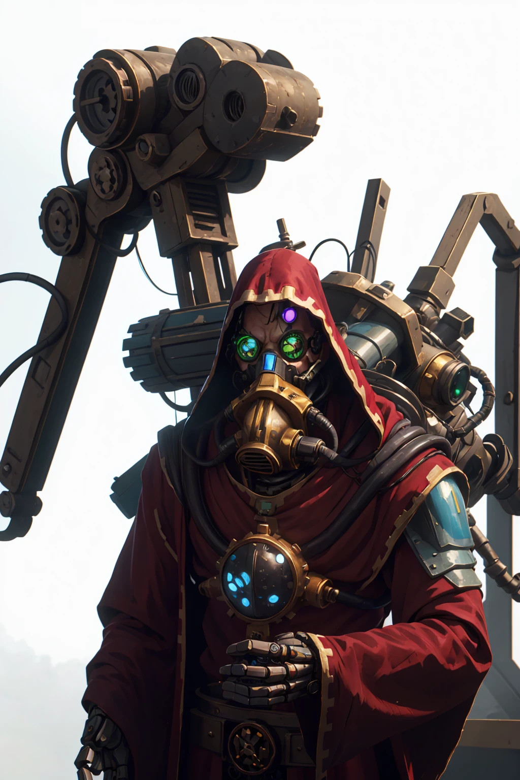 robotic male techpriest in long red robe, gas mask, mutated, scared, hunchback, artificial body, hunched, ugly, metal arms, robot eye, hood, backpack, mechanical arms, steampunk, hood, robe, techpriest, (upper body portrait), plain white background