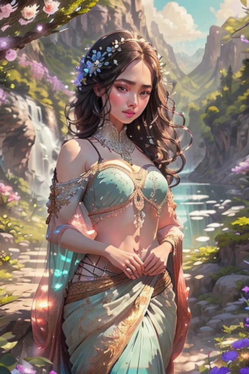 Digital painting, A woman, detailed face, high quality, in a translucent blue sari, a translucent blue bra, a large flower on her hair. Beautiful hands. Detailed fingers. Mountains, lake, green trees, clouds. Medium breasts, small waist, dark black hair, narrow hips. Beautiful face, perfect lighting, beautiful detailed brown eyes, looking at the viewer, stunningly beautiful woman, complicated hairstyle. Detailed fantasy-style background, waterfalls, mountain peaks in the distance, painting style, brush stroke