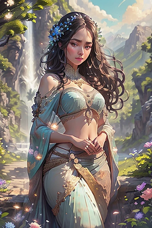 Digital painting, A woman, detailed face, high quality, in a translucent blue sari, a translucent blue bra, a large flower on her hair. Beautiful hands. Detailed fingers. Mountains, lake, green trees, clouds. Medium breasts, small waist, dark black hair, narrow hips. Beautiful face, perfect lighting, beautiful detailed brown eyes, looking at the viewer, stunningly beautiful woman, complicated hairstyle. Detailed fantasy-style background, waterfalls, mountain peaks in the distance, painting style, brush stroke