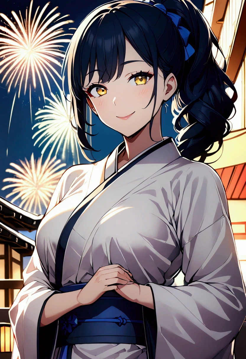 1 girl milf , solo , tealblue ponytail hair ,  yellow lihgt eyes , hot body , At a firework celebration in traditional Japanese dress on a building while fireworks are exploding in the sky, he looks at the viewer and smiles, his yellow eyes are shining.