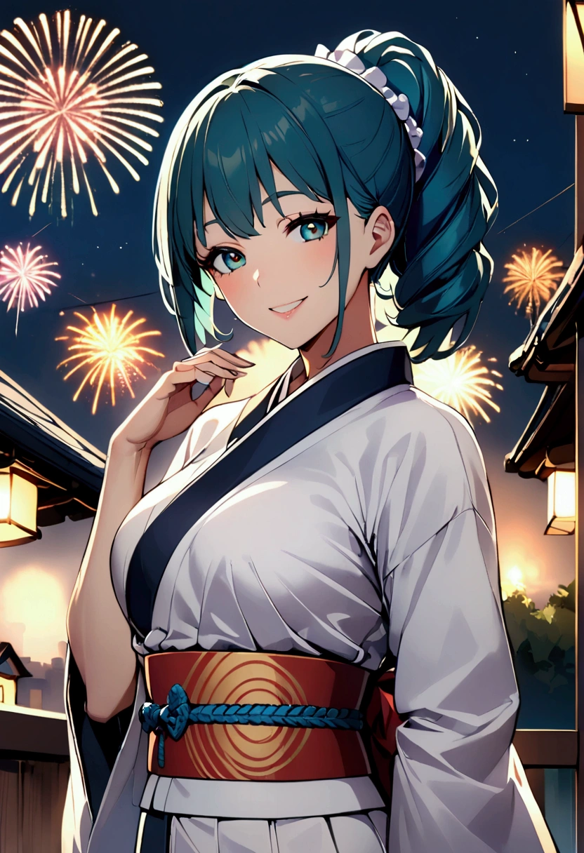 1 girl milf , solo , teal blue ponytail hair ,  yellow lihgt eyes , hot body , At a firework celebration in traditional Japanese dress on a building while fireworks are exploding in the sky, he looks at the viewer and smiles, his eyes are shining.