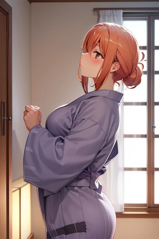 (hdr, highest resolution, best quality, beautiful, raw image, super detailed skin, perfect anatomy, nsfw, POV)), , ((1girl)), (orange hair), brown eyes , (blushing:1.4), (((incoming kiss, closed eyes)) ,  (slender), (huge breasts), thighs, barefoot, ((((light purple yukata ,undressing )))), (( japanese style room, tatami, shoji window,, daytime)), open arms for viewer, from side