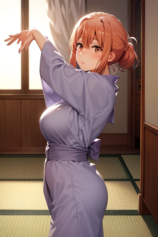 (hdr, highest resolution, best quality, beautiful, raw image, super detailed skin, perfect anatomy, nsfw, POV)), , ((1girl)), (orange hair), brown eyes , (blushing:1.4), (((incoming kiss, closed eyes)) ,  (slender), (huge breasts), thighs, barefoot, ((((light purple yukata ,undressing )))), (( japanese style room, tatami, shoji window,, daytime)), open arms for viewer, from side