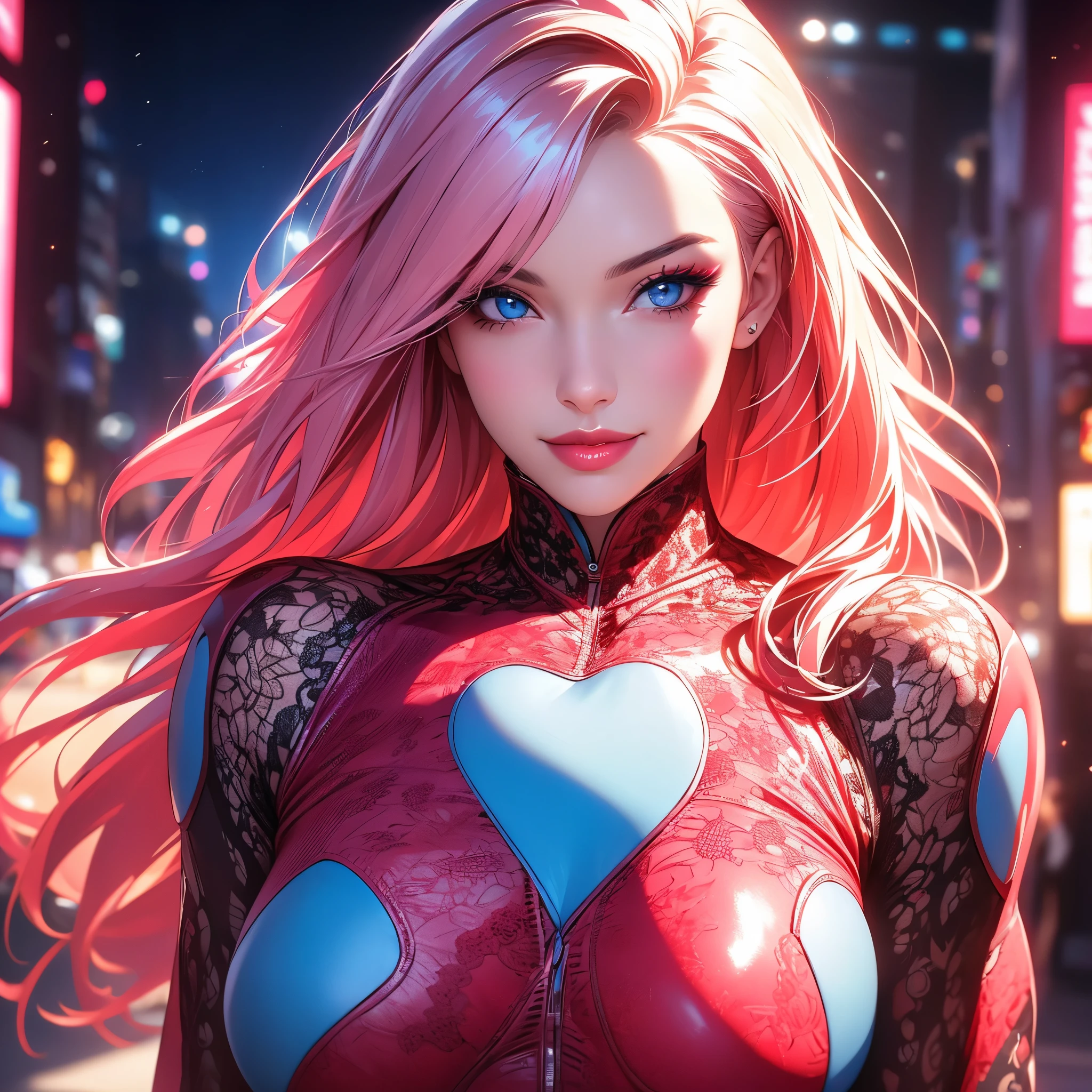 a beautiful woman with heart-shaped pupils, long multi-colored hair in red and white with highlights, flirty smile, detailed eyes and lips, bright makeup, wearing a leotard with lace accents, blue eyes, medium breasts, looking directly at the viewer, in a cinematic lighting setup with vibrant colors, photorealistic, concept art style, high quality 8K HDR image with physical rendering, extreme detail, blur, depth of field, and blurred foreground