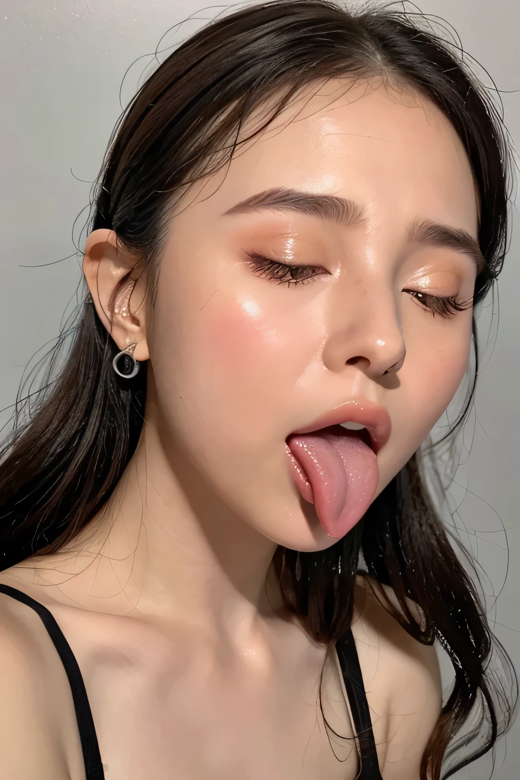 Taylor Hill、High resolution realistic photos,8k,realistic skin texture,to be born々New People,1 girl,table top,,Awards - Award-winning photos, very detailed, focus the eyes clearly, nose and mouth,face focus, super close up of face、woman with open mouth and closed eyes, black camisole、20-year-old,black haired、symmetrical face,realistic nostrils、angle from below、elongated C-shaped nostrils,((gray background))、sweaty skin、Lighting that highlights glowing skin caused by sweat、((sharp nose))Skin shiny with sweat、shiny skin、sweaty hair、sunlight、(wrinkles between eyebrows)((frown))(cum on tongue)、deep kiss、((thin eyebrows))oily skin、glowing skin、double eyelid、wet and shiny tongue、tied hair、updo、My head went up