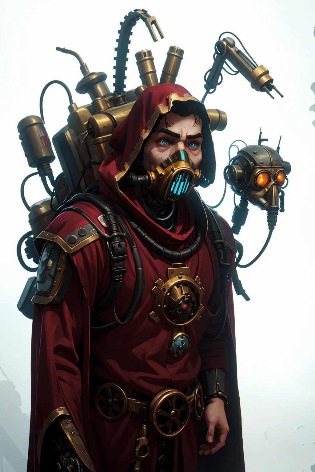 robotic male techpriest in long red robe, gas mask, mutated, scared, hunchback, artificial body, hunched, ugly, metal arms, robot eye, hood, backpack, mechanical arms, steampunk, hood, robe, techpriest, (upper body portrait), plain white background