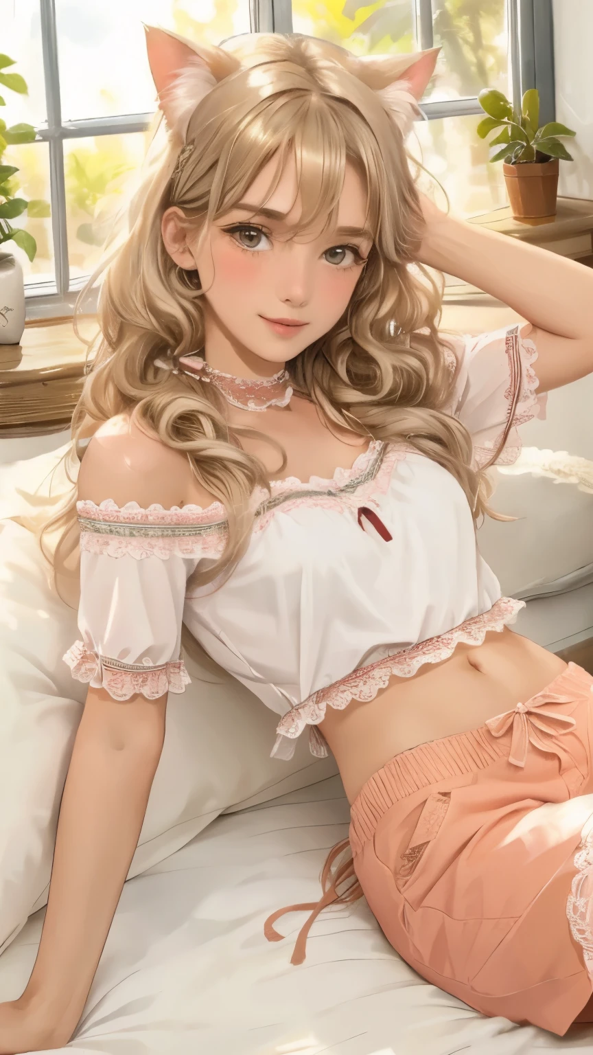 (photorealism:1.2),anime stile, beautiful german woman, 30 years old woman, lying with her back on the bed, looking up, wearing tight and short off-shoulder top, cropped top, pajama shorts, long curly hair, indoors, soft lighting, plants in background, window with sunlight, cozy room, realistic, intricate details, warm colors, white hair, cat ears, hands tied together over her head, small cup size, braided, rote schleife im haar, smirk, blush, perfect hands, thin lips,