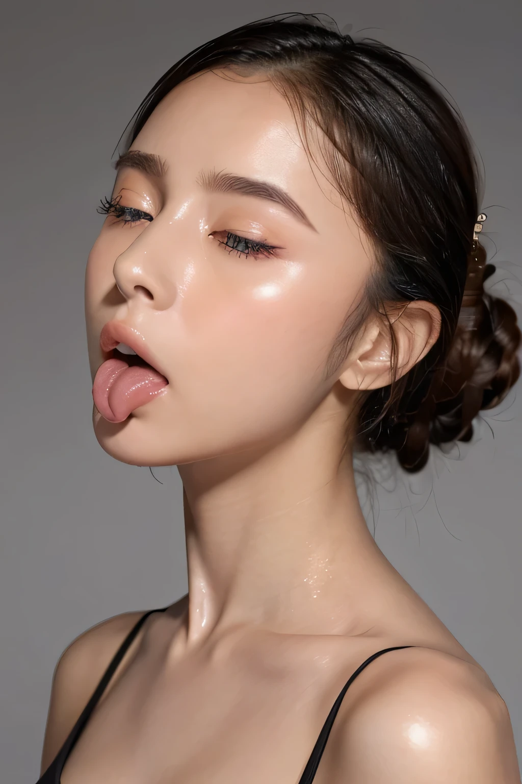Taylor Hill、High resolution realistic photos,8k,realistic skin texture,to be born々New People,1 girl,table top,,Awards - Award-winning photos, very detailed, focus the eyes clearly, nose and mouth,face focus, super close up of face、woman with open mouth and closed eyes, black camisole、20-year-old,black haired、symmetrical face,realistic nostrils、angle from below、elongated C-shaped nostrils,((gray background))、sweaty skin、Lighting that highlights glowing skin caused by sweat、((sharp nose))Skin shiny with sweat、shiny skin、sweaty hair、sunlight、(wrinkles between eyebrows)((frown))(cum on tongue)、deep kiss、((thin eyebrows))oily skin、glowing skin、double eyelid、wet and shiny tongue、tied hair、updo、My head went up