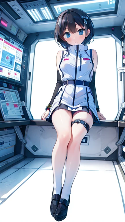 (Highest quality), (masterpiece), 1080P, High resolution, 4K, 8k, Inside the space station、Futuristic room、Thigh straps, Shooting from directly below, The woman on top of me, 白いSweat, Covered , Sweat, Woman looking down, Skirt swimsuit, Thigh-high socks, To achieve this, , , whole body, Black leather shoes, Braided hair, Inner Color, Embarrassed face, Short black hair, bracelet, Bedroom,celestial body_Vest
