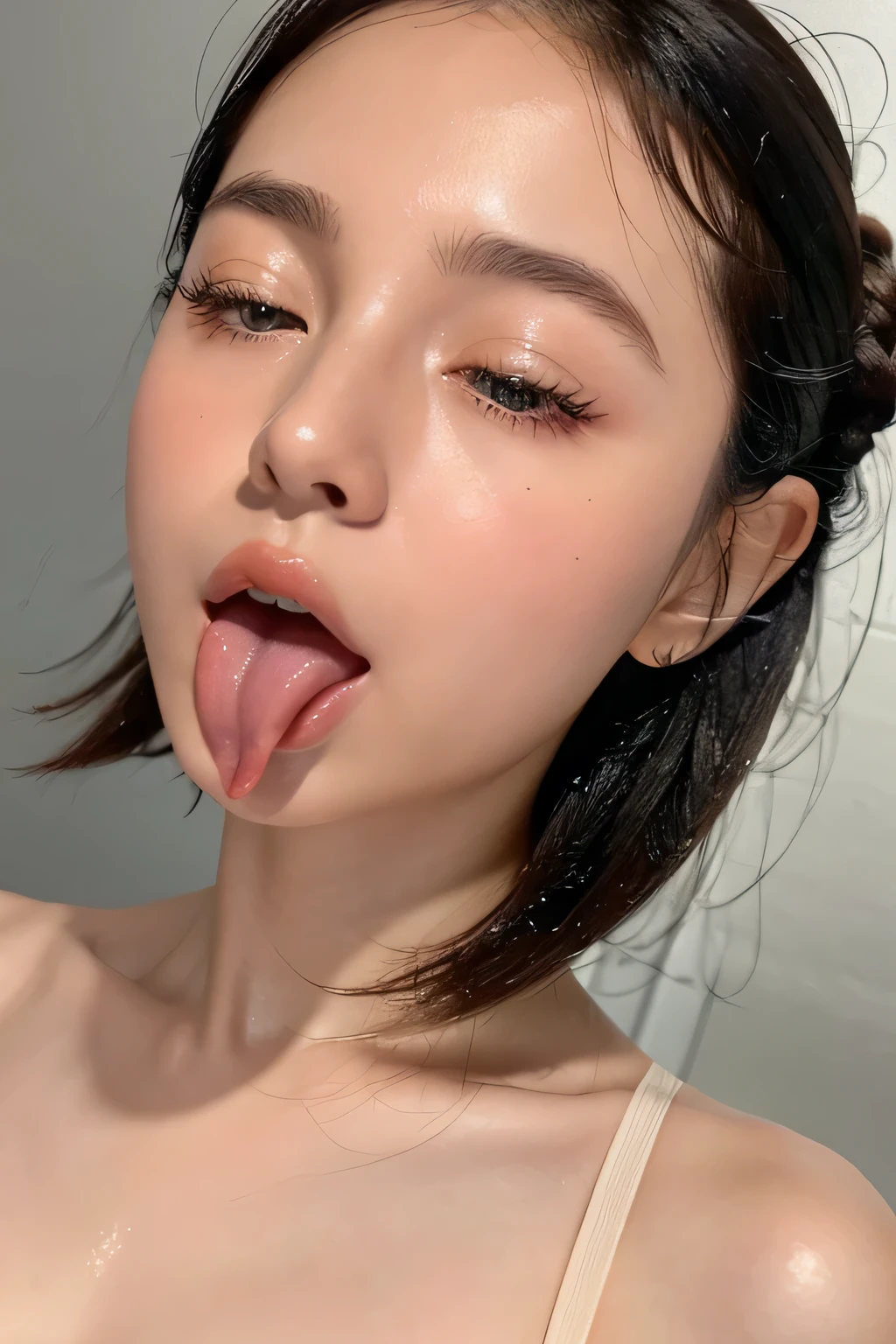 Taylor Hill、High resolution realistic photos,8k,realistic skin texture,to be born々New People,1 girl,table top,,Awards - Award-winning photos, very detailed, focus the eyes clearly, nose and mouth,face focus, super close up of face、woman with open mouth and closed eyes, black camisole、20-year-old,black haired、symmetrical face,realistic nostrils、angle from below、elongated C-shaped nostrils,((gray background))、sweaty skin、Lighting that highlights glowing skin caused by sweat、((sharp nose))Skin shiny with sweat、shiny skin、sweaty hair、sunlight、(wrinkles between eyebrows)((frown))（cum on tongue)、deep kiss、((thin eyebrows))oily skin、glowing skin、double eyelid、wet and shiny tongue、tied hair、updo、My head went up