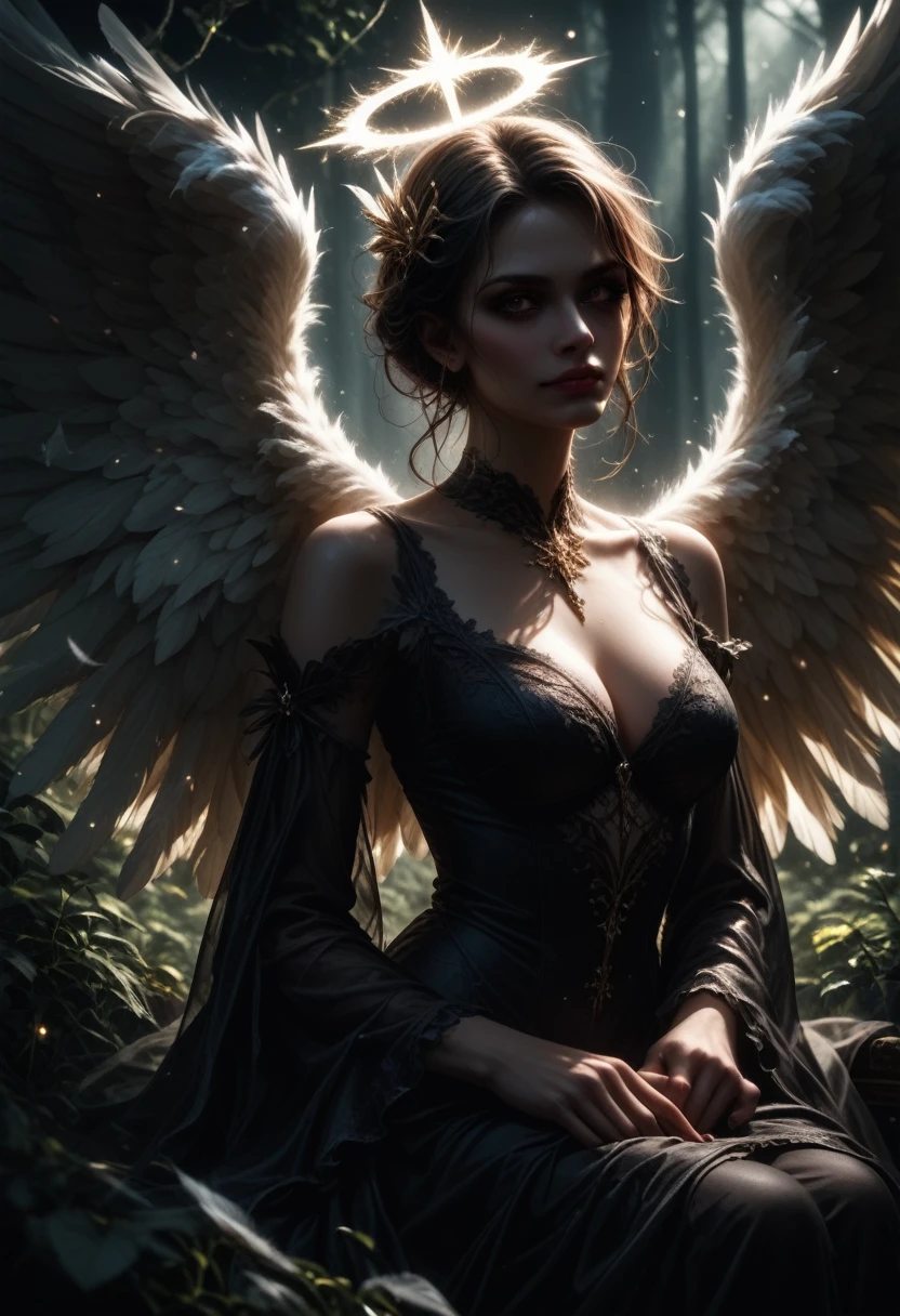 angelify, intricate details, Girl with Black Angel Wings Beauty with Perfectly Beautiful Figure, Angel in a Black Dress, Huge Beautiful and Fluffy Wings, Gothic style, fallen angel, Black Feathers Fly Around, Thoughtful Sits Watches with a Smirk, Bright eyes Blue, Dark Mysterious Forest Background, In Which Fantasy Happens, Mystical Light Falls on Angel, A game of shadows, bright colors, Exact Details, full detailed, Epic picture, Epic scene, The most beautiful effects,  score_9, score_8_up, score_7_up, dramatic lighting, highly detailed, high budget, bokeh, cinemascope, moody, epic, gorgeous, film grain, grainy, masterpiece, best quality, perfect anatomy, very aesthetic, official art, 8k,