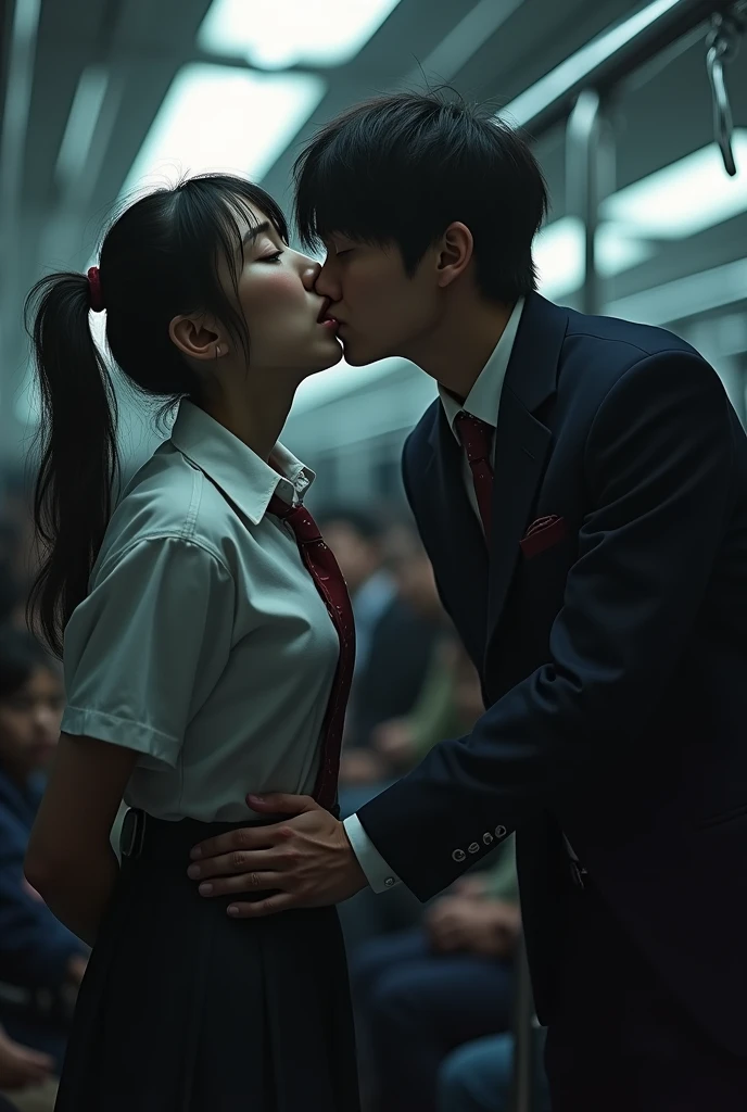 (molestation: 1.5), 1 girl, (full body shot), 1 man, (((office lady being molested: 1.5))), (very beautiful), (beautiful face: 1.5), girl has her hands tied behind her back, girl is crying, (office lady uniform: 1.2), (in a crowded Japanese train: 1.5), man forcefully kisses her, (man takes off her skirt: 1.5), (man hugs her breasts: 1.5), (in SFW: 1.1), (((pussy visible through shirt))), (groans of pain: 1.3), (ecstasy: 1.5), curvy body big boobs