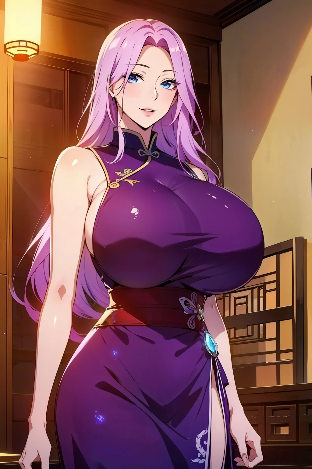 An anime-style artwork depicting jade from the game star rail

Tags: jade, ,long hair, 1girl, (chinese dress:1.1), ,anime, detailed eyes, detailed lips, , smiling expression, intense gaze, dynamic pose, indoor, palace, vibrant colors, digital art, high-resolution, professional quality, gigantic breasts, cleavage,  curvy, cowboy shot, (gigantic breasts: 1.4), light purple hair, blue eyes