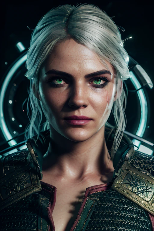 a freya allan, (((green intense eyes))), ciri the witcher 3, half portrait, hands back, in the witcher 3, (((skinny and fit body:1.0))),,clothing Streetwear, detailed eyes, realistic eyes, highly detail eyes, hyper detailed eyes, long eyelashes, half smile, (with frekles), (Blushing face:1.2), pink lipstick,black makeup, intricate details, highly detailed, (ultra detailed), hyperdetailed, uhd, (HDR), 8k, cinematic lighting,rich colors realistic texture hyper realistic, (((masterpiece))),