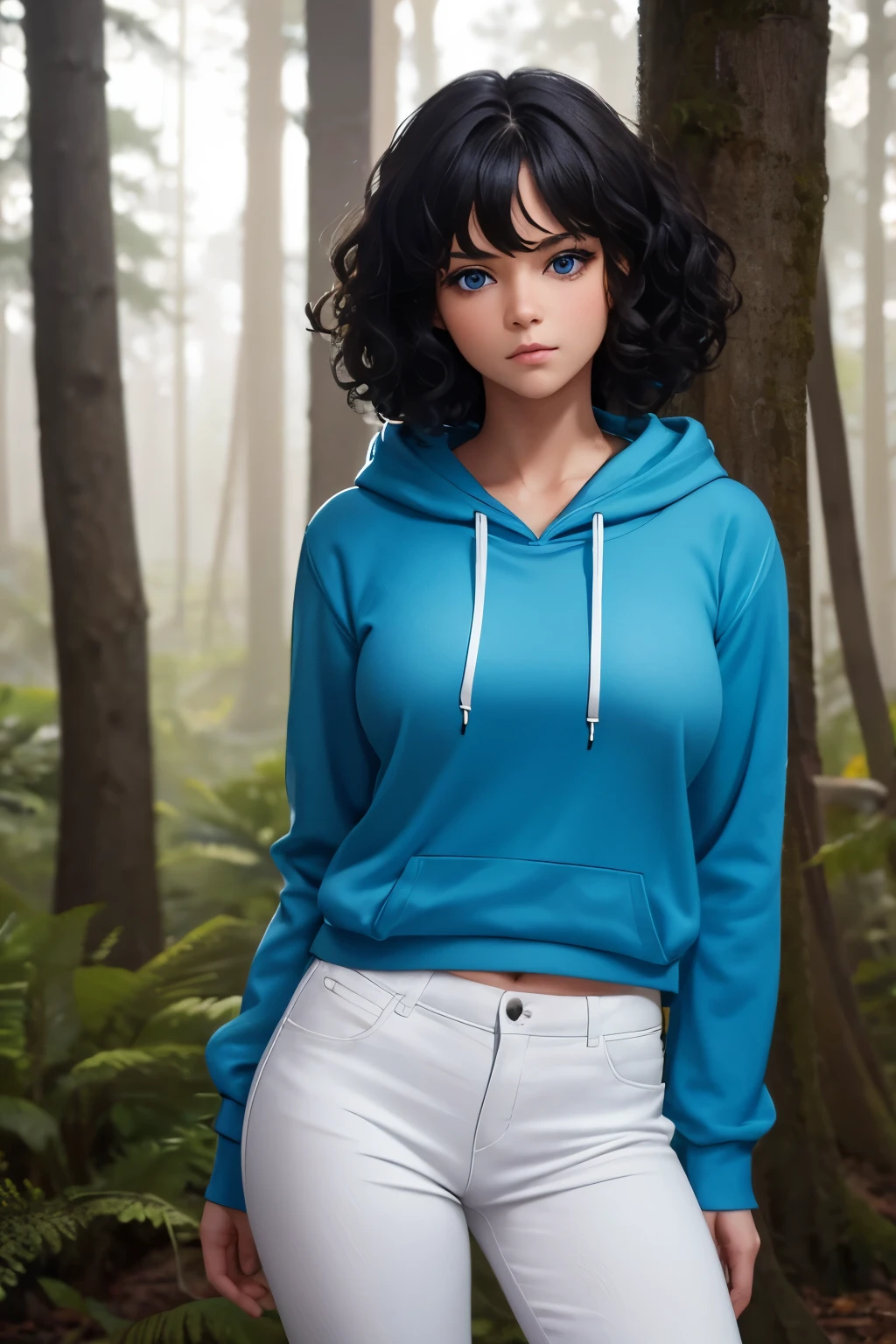 1 girl, Standing on the forest,Blue hoodie, long white pants,,big breast,black hair,blue eyes,short hair, curly hair, messy hair,half body photo