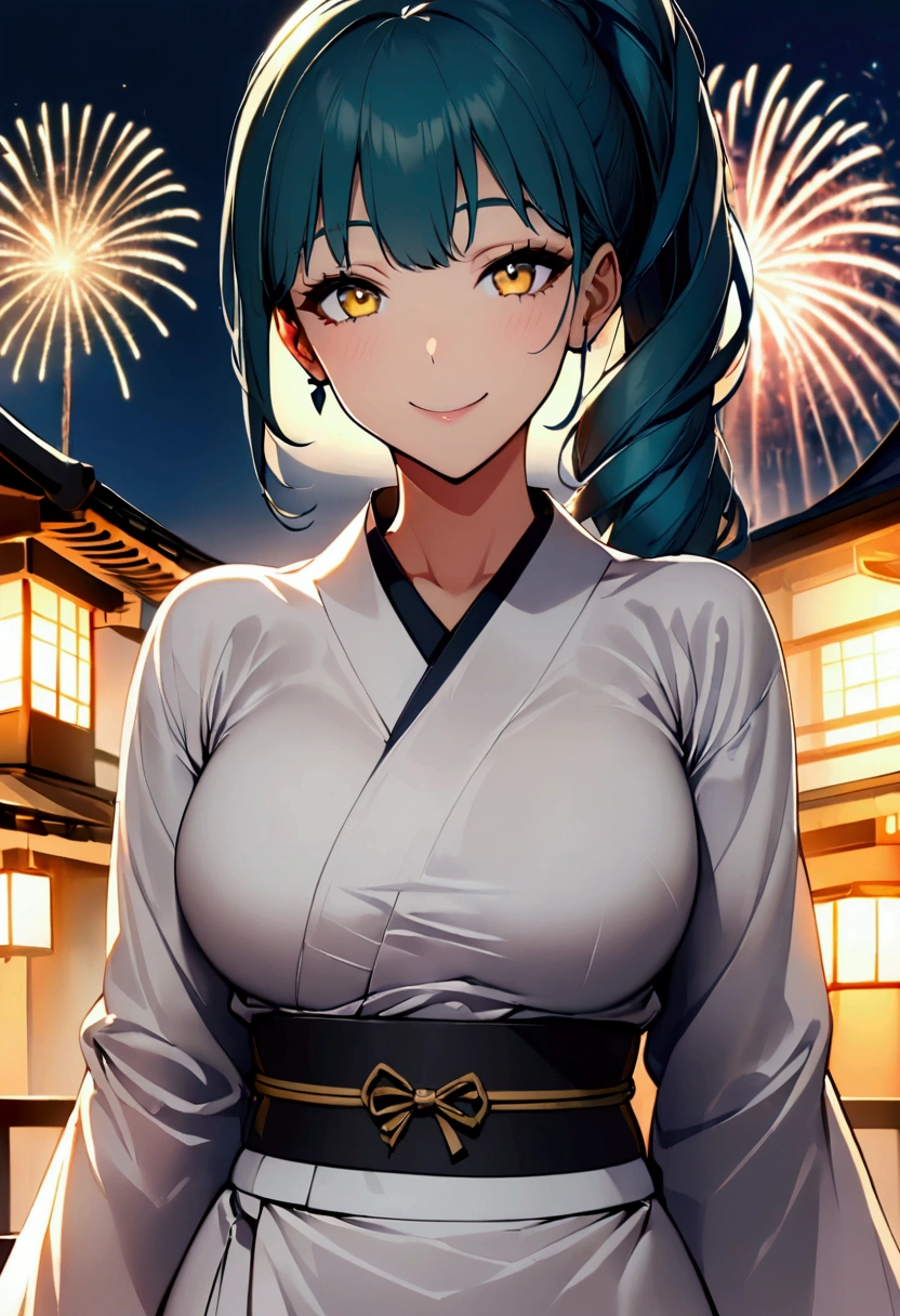 1 girl milf , solo , teal blue ponytail hair ,  yellow lihgt eyes , hot body , At a firework celebration in traditional Japanese dress on a building while fireworks are exploding in the sky, he looks at the viewer and smiles, his yellow eyes are shining.