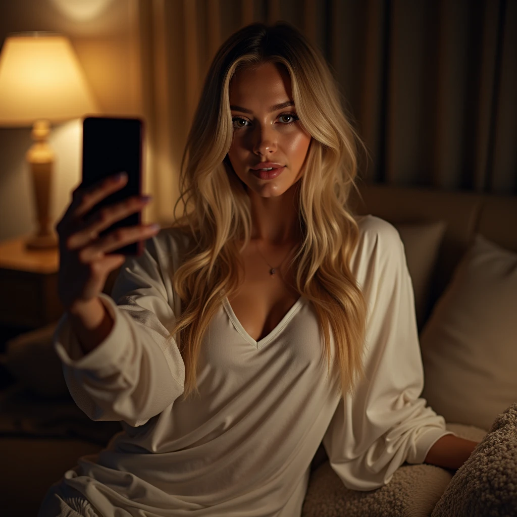 blonde Sexbombe , Ponytail hair, wear a large white T-shirt, sitting on an office desk in a hotel room and taking a close-up selfie at night