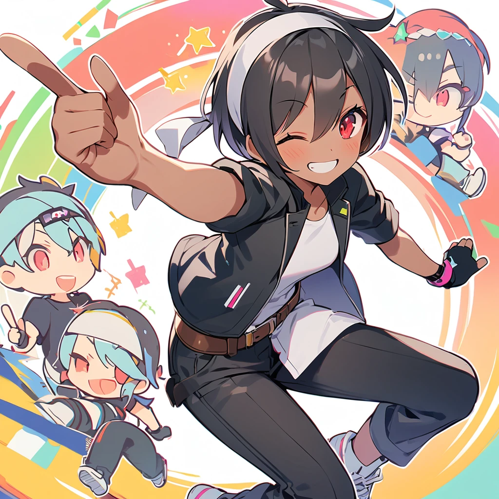 Score_9, Score_8_up, Score_7_up, Score_6_up, One girl , black hair, short hair, red eyes, dark skin, hair between eyes, ((black jacket with rolled up sleeves)), fingerless gloves, white T-shirt, ((white headband)), black pants, white shoes, brown belt. (Lola:sideways_belt), stooped, with one eye closed, ((smiling)), ((white headband)), black trousers, white shoes, brown belt, ((white headband)). 
 <Lola:side_style_pony_6_in_1:1
