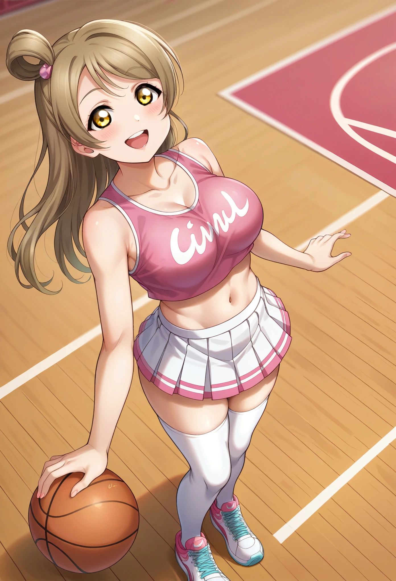 From above ,wearing a pink crop top ,pink mini skirt with white knee-high leggings ,Nike sneakers, long athletic legs, on a basketball court, happy, Beautiful anime style school girl, clean detailed face, intricate clothing, analogous colours, glowing shadows, beautiful gradient, depth of field, clean image, high quality, high detail, high definition, Luminous Studio graphics engine, cute face, big breast, slim waist, nice hips, minami kotori love live, yellow eyes 