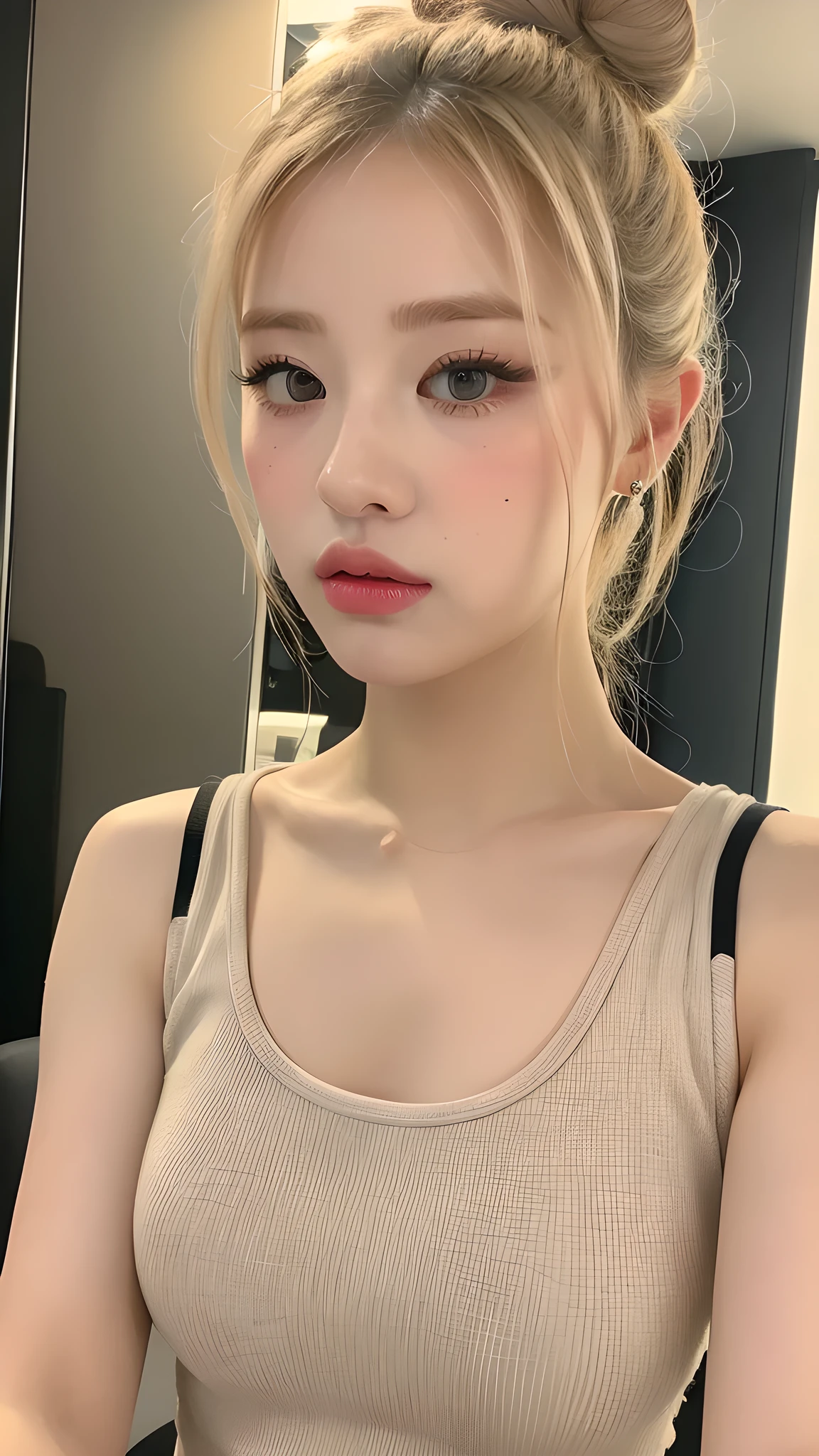 ((Best quality, 8k, Masterpiece :1.3)),   plump body,   chubby cheeks,   1girl,   (((rose))).    ultra-detailed face,   highly detailed lips,    detailed eyes,   double eyelids,    Make-up face.    long eyelashes.   ((blonde hair in a bun)).

((tank top)),     Make-up face with lipstick,  long eyelashes,