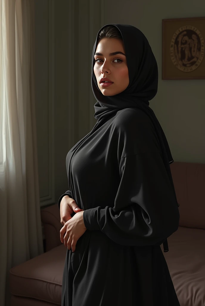 Black silk Hijab , Thicc Egyptian mom in store (sitting) red lips , only wearing black hijab