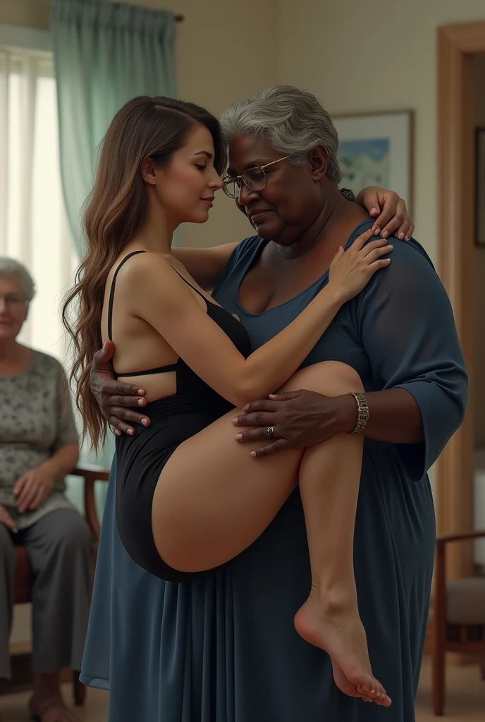 Crie uma imagem de uma senhora com idade de 70 anos, gorda, com óculos de fundo de garrafa, de pele negra e idosa, usando blusa branca e uma saia preta e dando banho e esfregando a bunda no chuveiro de uma mulher adulta, molhada, com o corpo bonito e esbelto, de 30 anos de idade e pele branca e cabelos longos e loiros que está nua