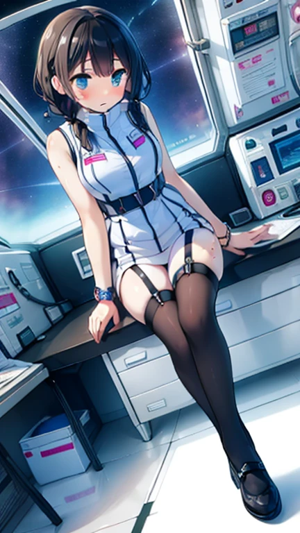 (Highest quality), (masterpiece), 1080P, High resolution, 4K, 8k, Inside the space station、Futuristic room、Thigh straps, Shooting from directly below, The woman on top of me, 白いSweat, Covered , Sweat, Woman looking down, Skirt swimsuit, Thigh-high socks, To achieve this, , , whole body, Black leather shoes, Braided hair, Inner Color, Embarrassed face, Short black hair, bracelet, Bedroom,celestial body_Vest
