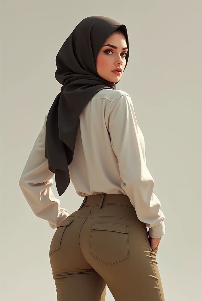 Draw a beautiful veiled Arab girl showing off her big round butt and her slim body wearing a brown abaya