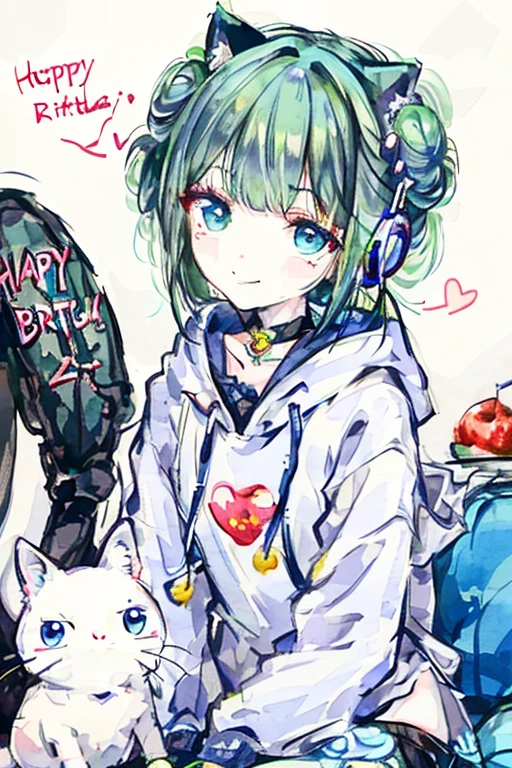 ((Highest quality)), ((masterpiece)), (detailed),Watercolor,Birthday Party,One Girl,((Green Hair,blue eyes,Short Bob,Double buns on both sides,Thin eyebrows)),break,((Cyber cat ear headphones)),break,small,cute,Makeup,（Embarrassed,smile）,（Birthday cake with strawberries and whipped cream and a candle）,（White hoodie with black sleeves）,break,Black hot pants,break,Knee socks,Bell Choker, Look away,（living,cute）,small丸テーブル,sofa,seiza,break,Less text,(Correct spelling,to text「happy birthday」it is written like this,English),break,Heart effect,Upper Body,Exact finger count,Beautiful hand shape,Beautiful fingers,small猫,Moonlight