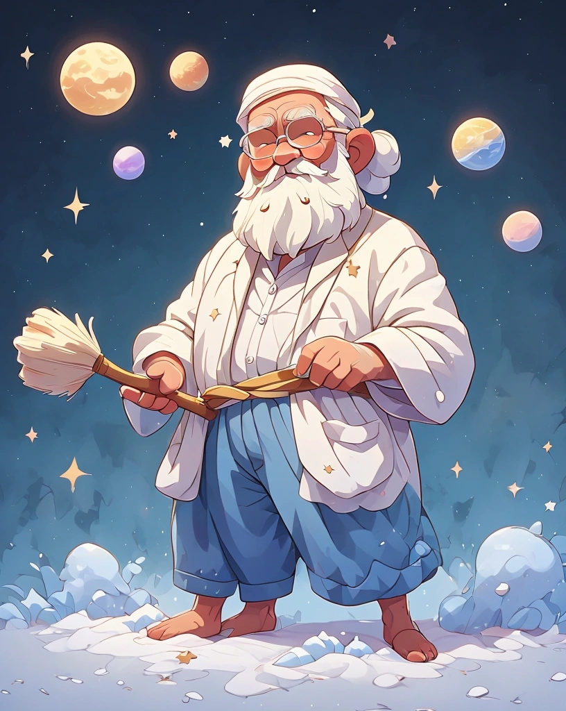 God is an old man with a white beard, in white robes, with the world and a brush in his hands, in the background planets , stars and galaxies in cartoon style