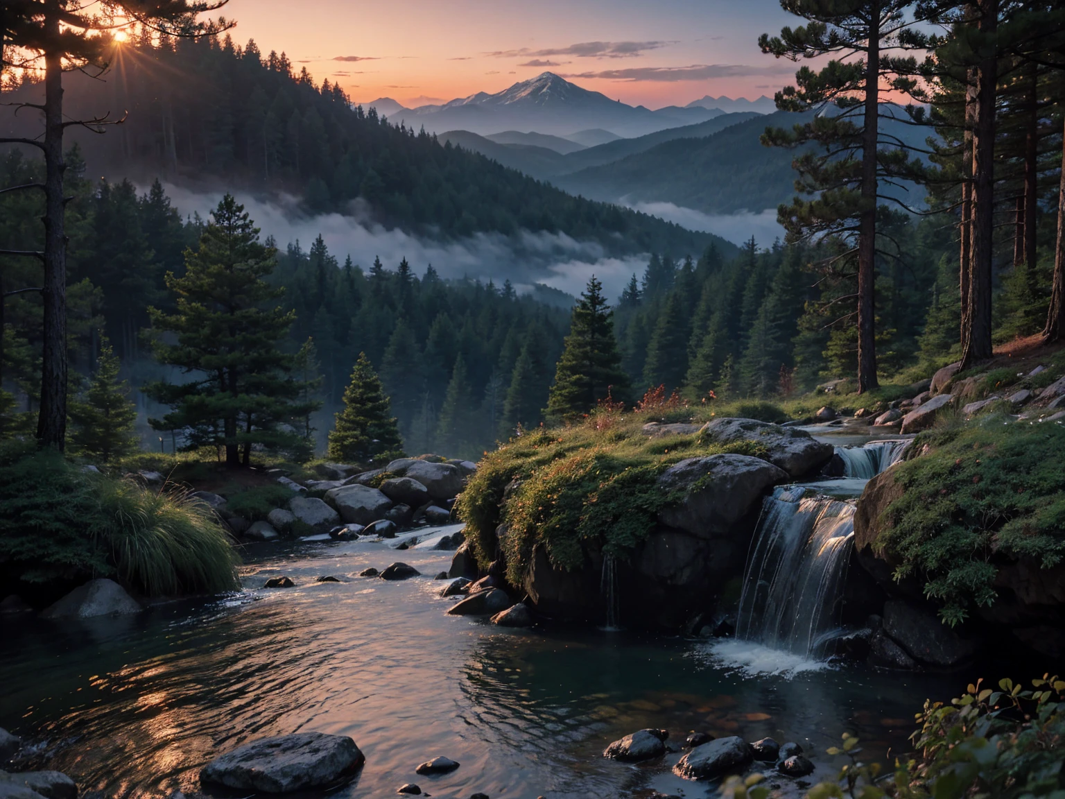 Deep in a pine forest dyed red at dusk, Foggy, View of the ground, matte paint, rocky, waterfall in distance, impressive detail, 4k, High Definition, clean, full of details, sharp focus, Makoto Shinkai&#39;s Rule of Thirds, thomas kinkade, karol back, trend in artstation