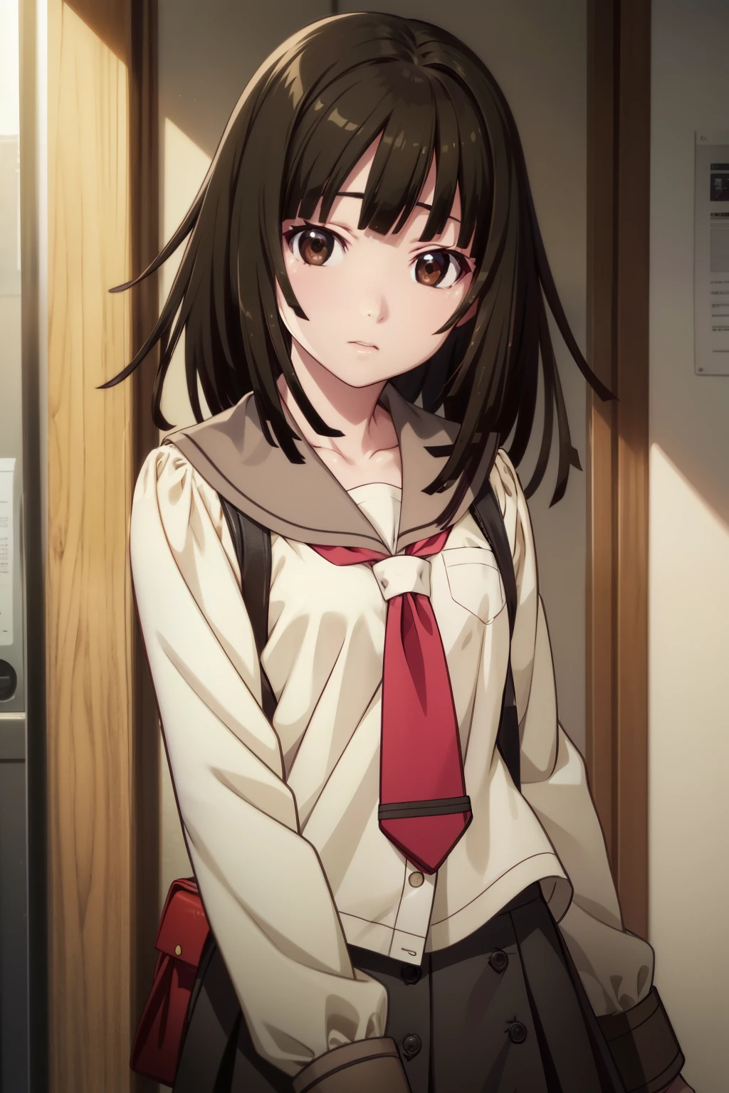 masterpiece、Highest quality、High resolution、Detailed face、(anime、anime塗り、animeカラーリング、RAW Photos、Bakemonogatari、official)、nadeko01, medium hair, brown hair, brown eyes, bangs, blunt bangs, skirt, collarbone, school uniform, serafuku, long sleeves, necktie 、One girl、solo、Staring at the audience、Random Pause、Random Angle、whole body